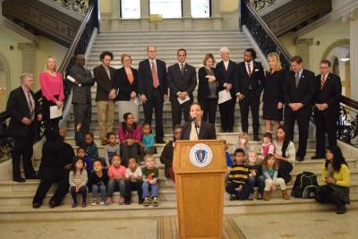 State Sen. Sonia Chang-Diaz discusses her pre-K bill on the Grand Staircase at the State House. Photo courtesy Sen. Chang-Diaz’s office